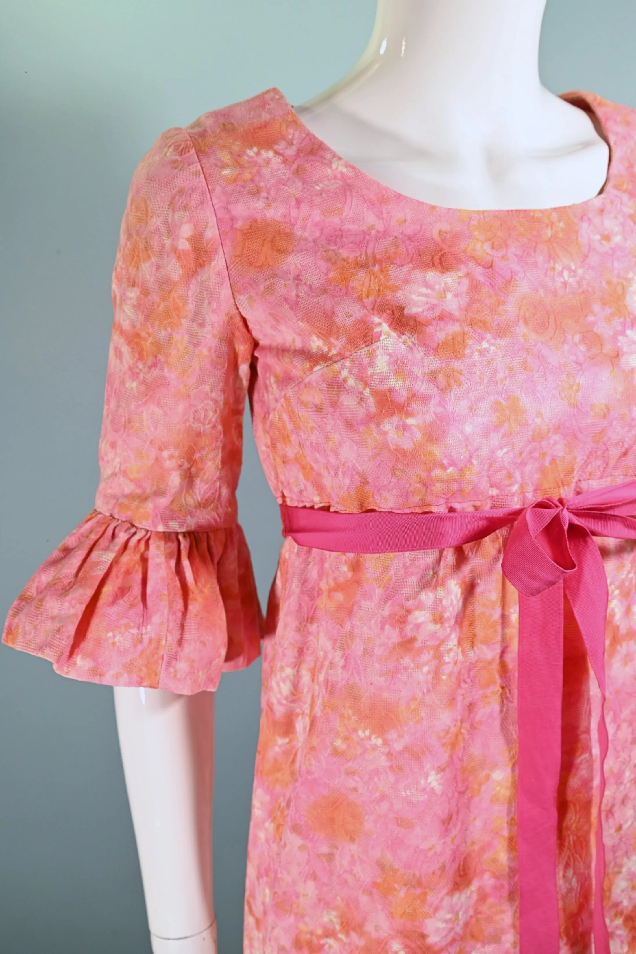 60s Mod Pink Empire Waist Ruffled Sleeve Mini Dress, Junior Teen/Girls