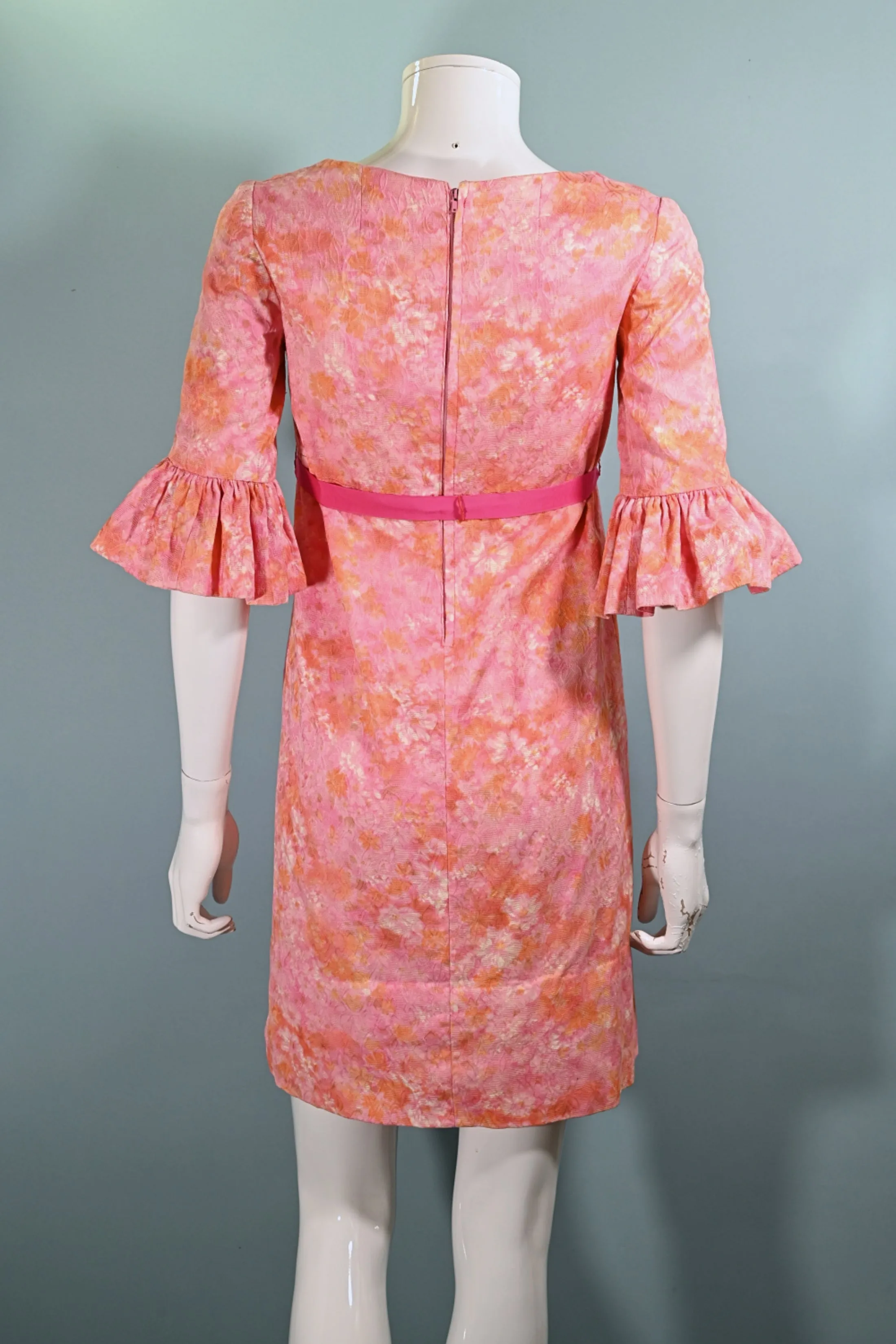 60s Mod Pink Empire Waist Ruffled Sleeve Mini Dress, Junior Teen/Girls