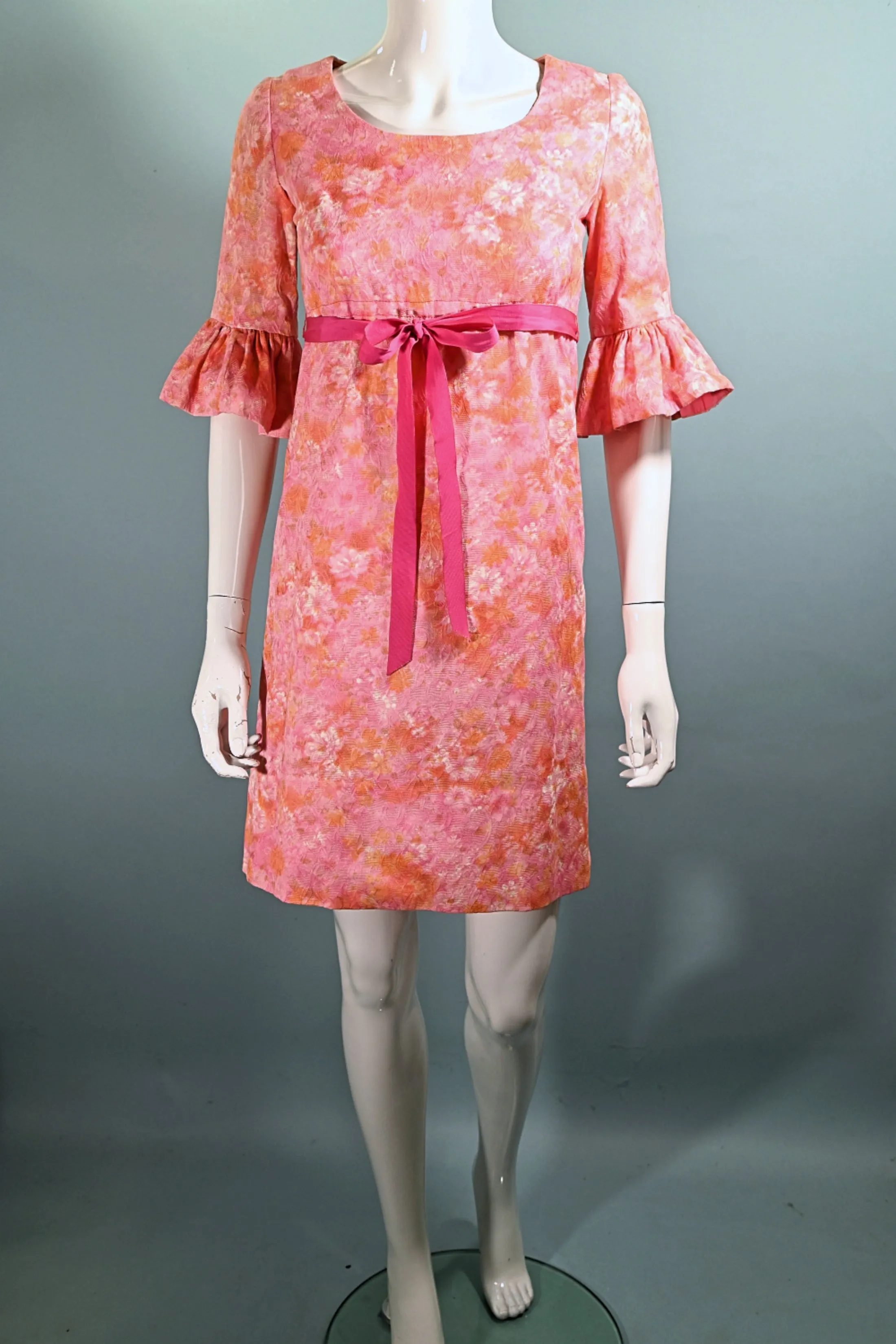 60s Mod Pink Empire Waist Ruffled Sleeve Mini Dress, Junior Teen/Girls