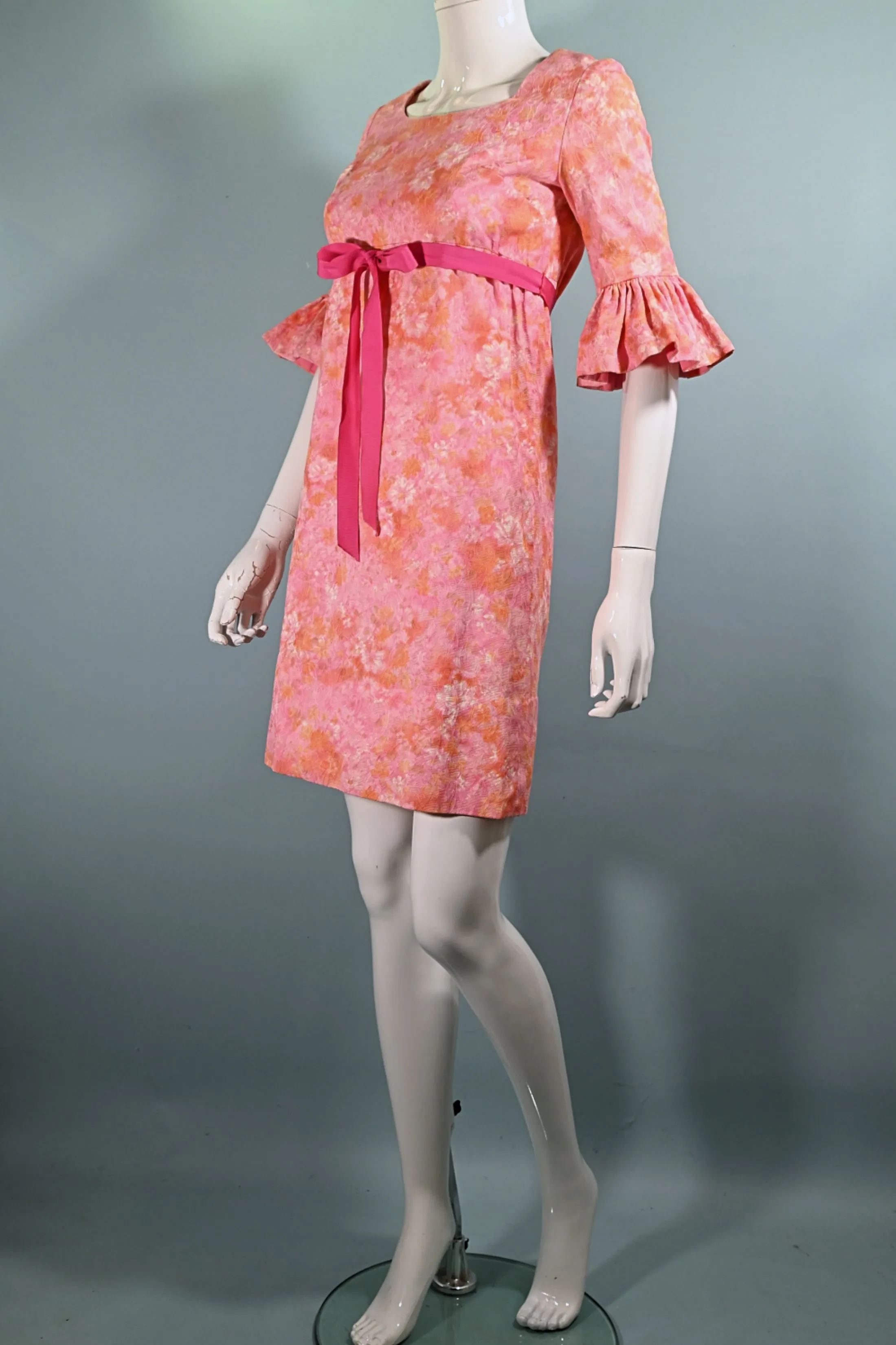 60s Mod Pink Empire Waist Ruffled Sleeve Mini Dress, Junior Teen/Girls