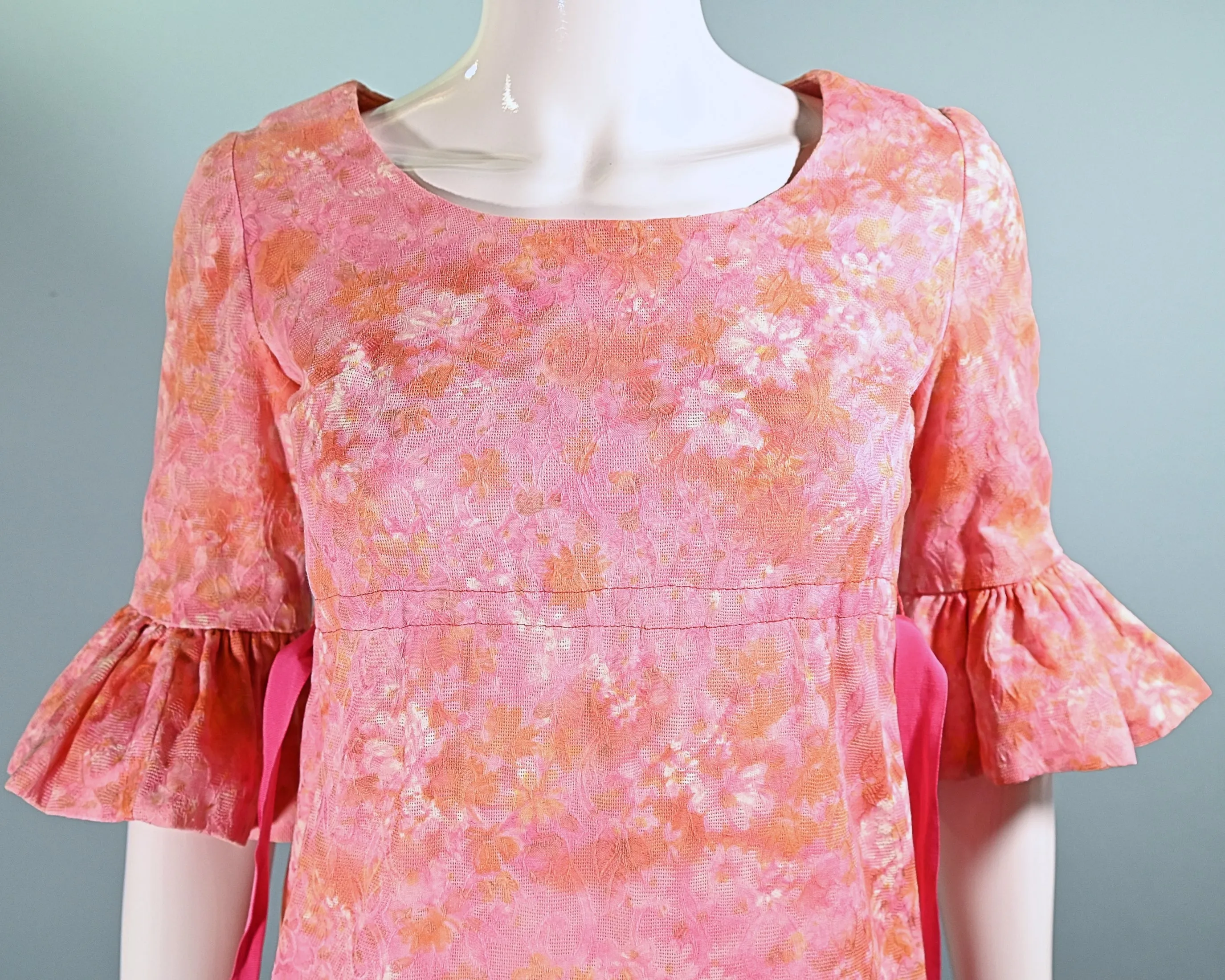 60s Mod Pink Empire Waist Ruffled Sleeve Mini Dress, Junior Teen/Girls