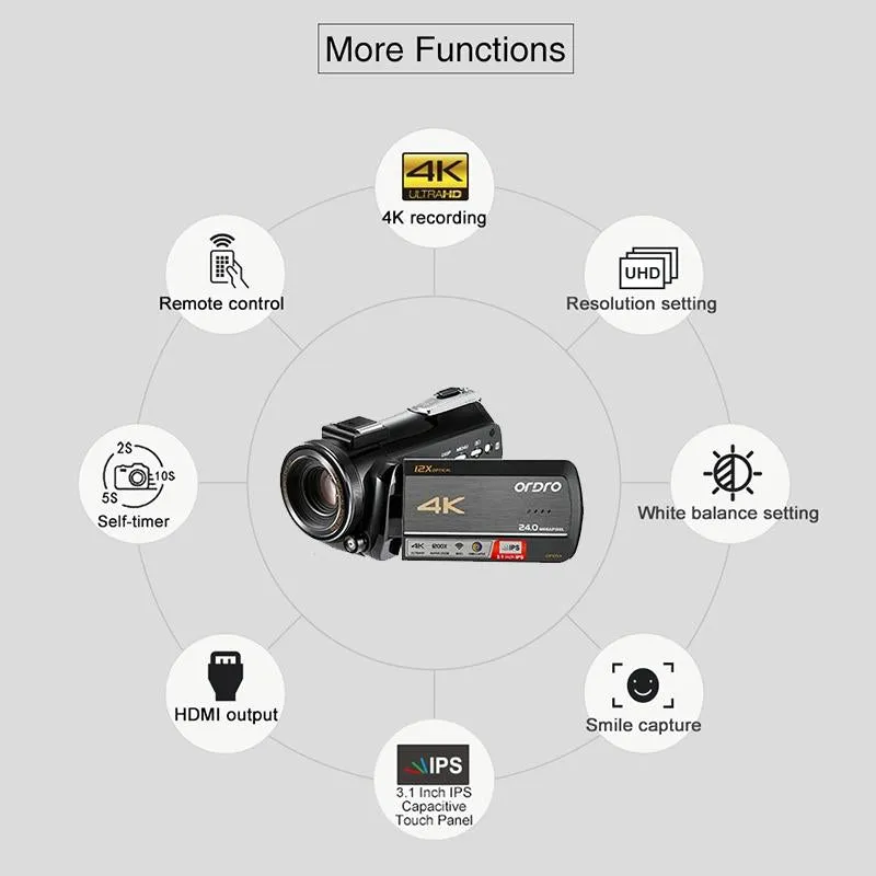 Ac5 4K Hd Night Vision Wifi 12X Optical Zoom Digital Video Dv Camera Camcorder - Standard & Microphone & Handheld Stand Black