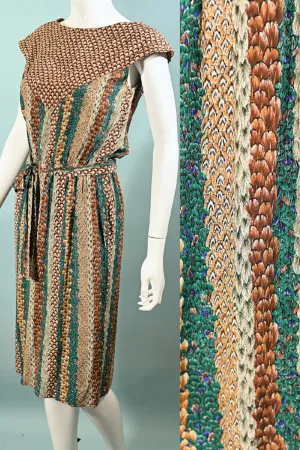 Argenti Vintage 70s Silk Dress, Feather Print Sheath Dress S