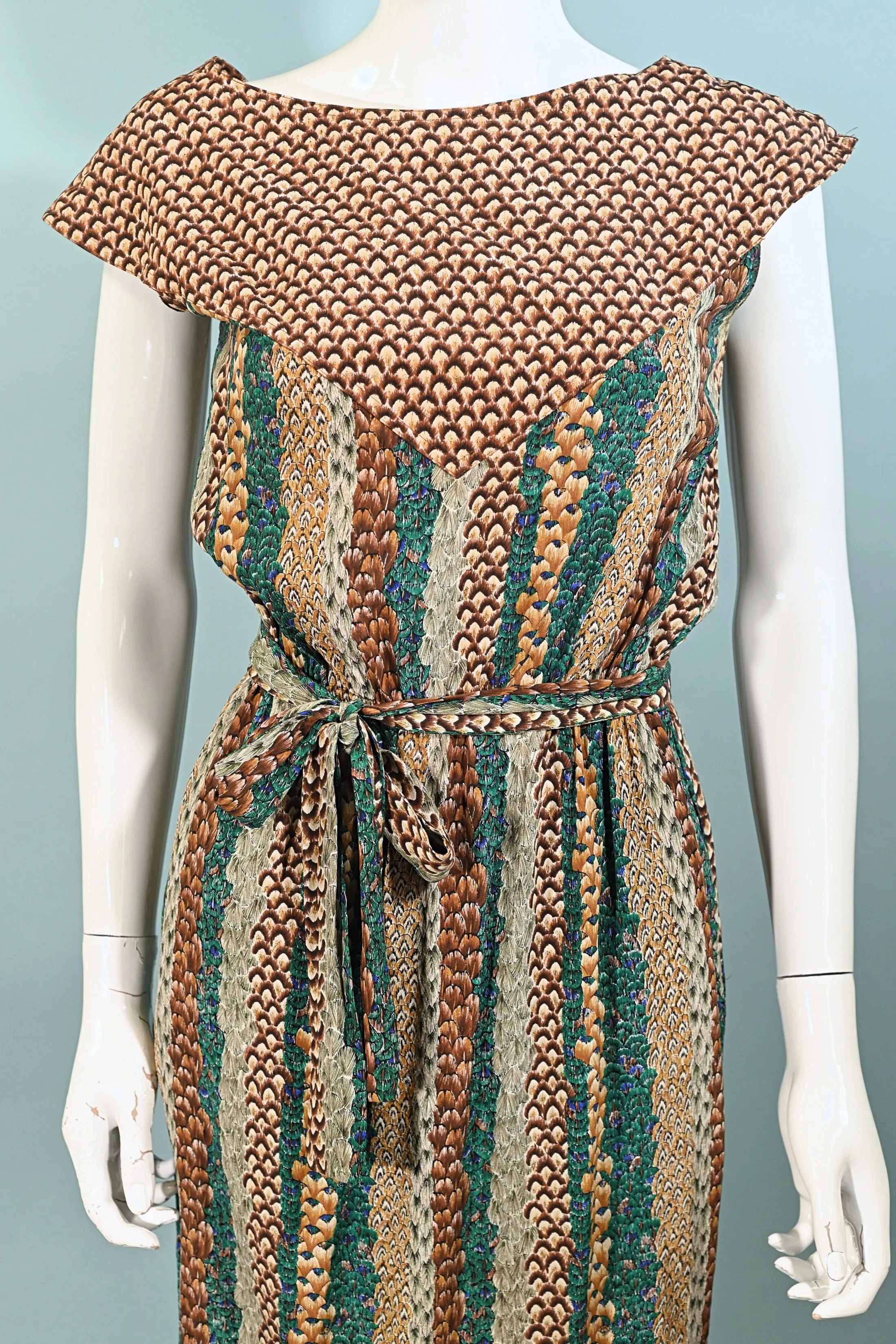 Argenti Vintage 70s Silk Dress, Feather Print Sheath Dress S