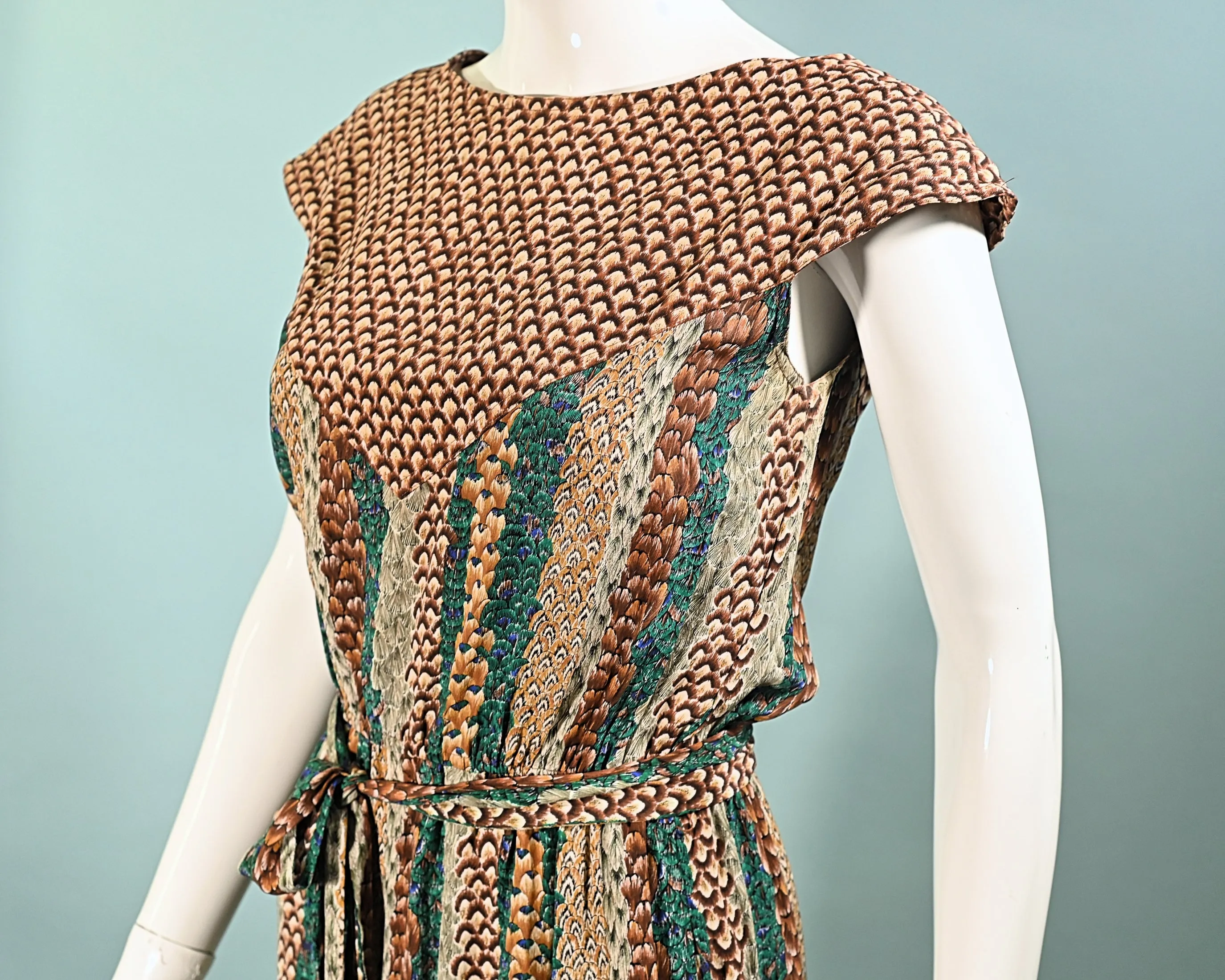 Argenti Vintage 70s Silk Dress, Feather Print Sheath Dress S