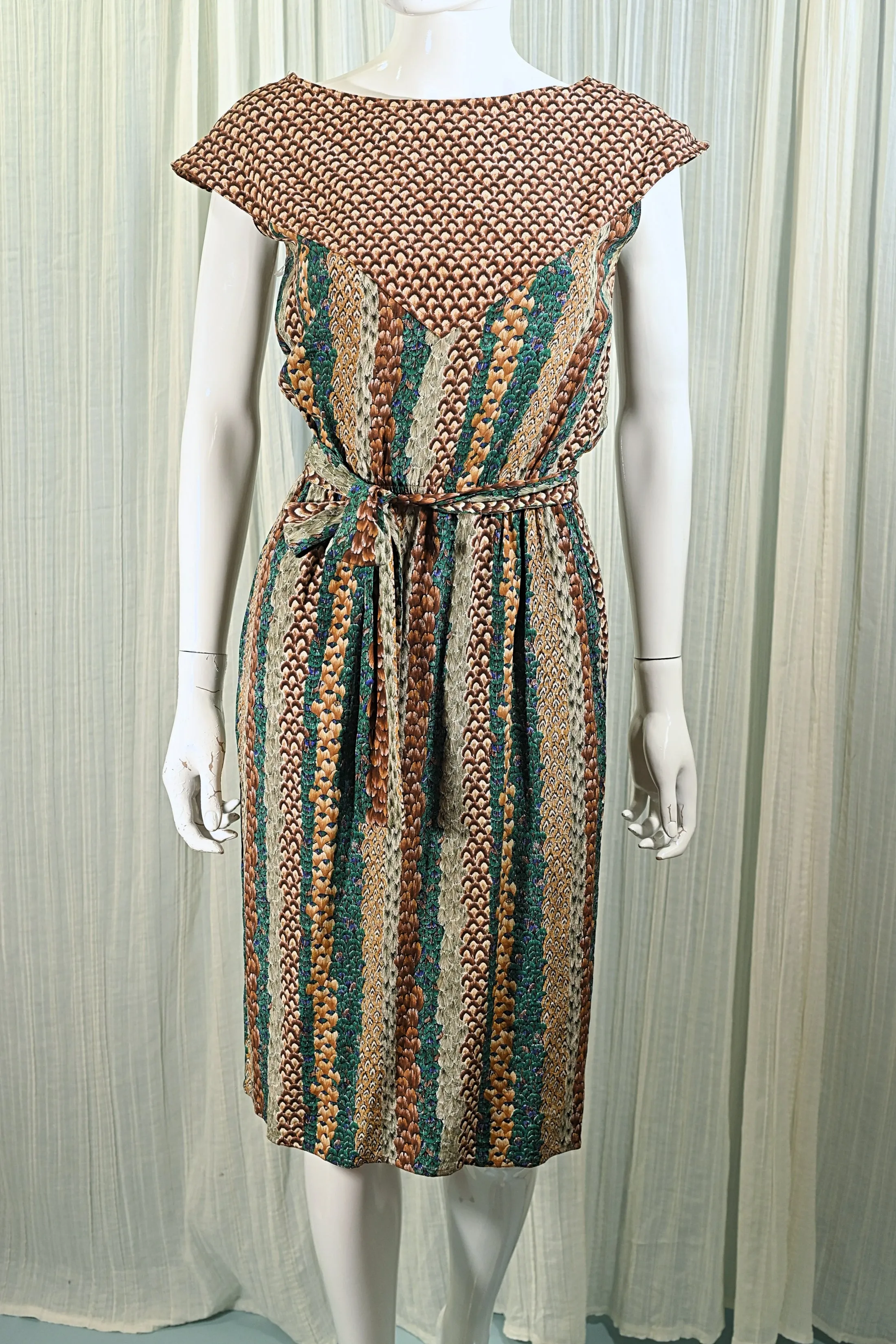 Argenti Vintage 70s Silk Dress, Feather Print Sheath Dress S