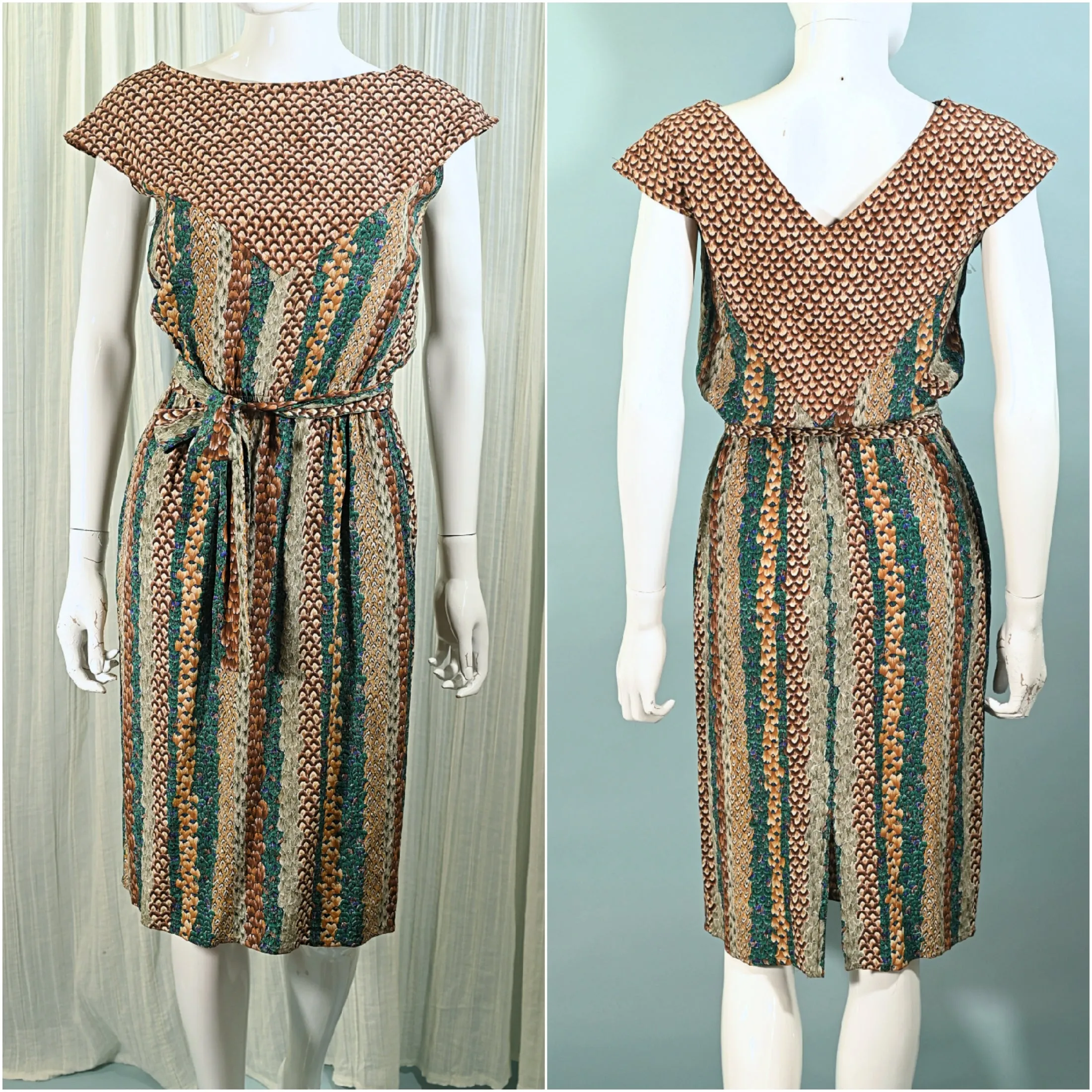 Argenti Vintage 70s Silk Dress, Feather Print Sheath Dress S
