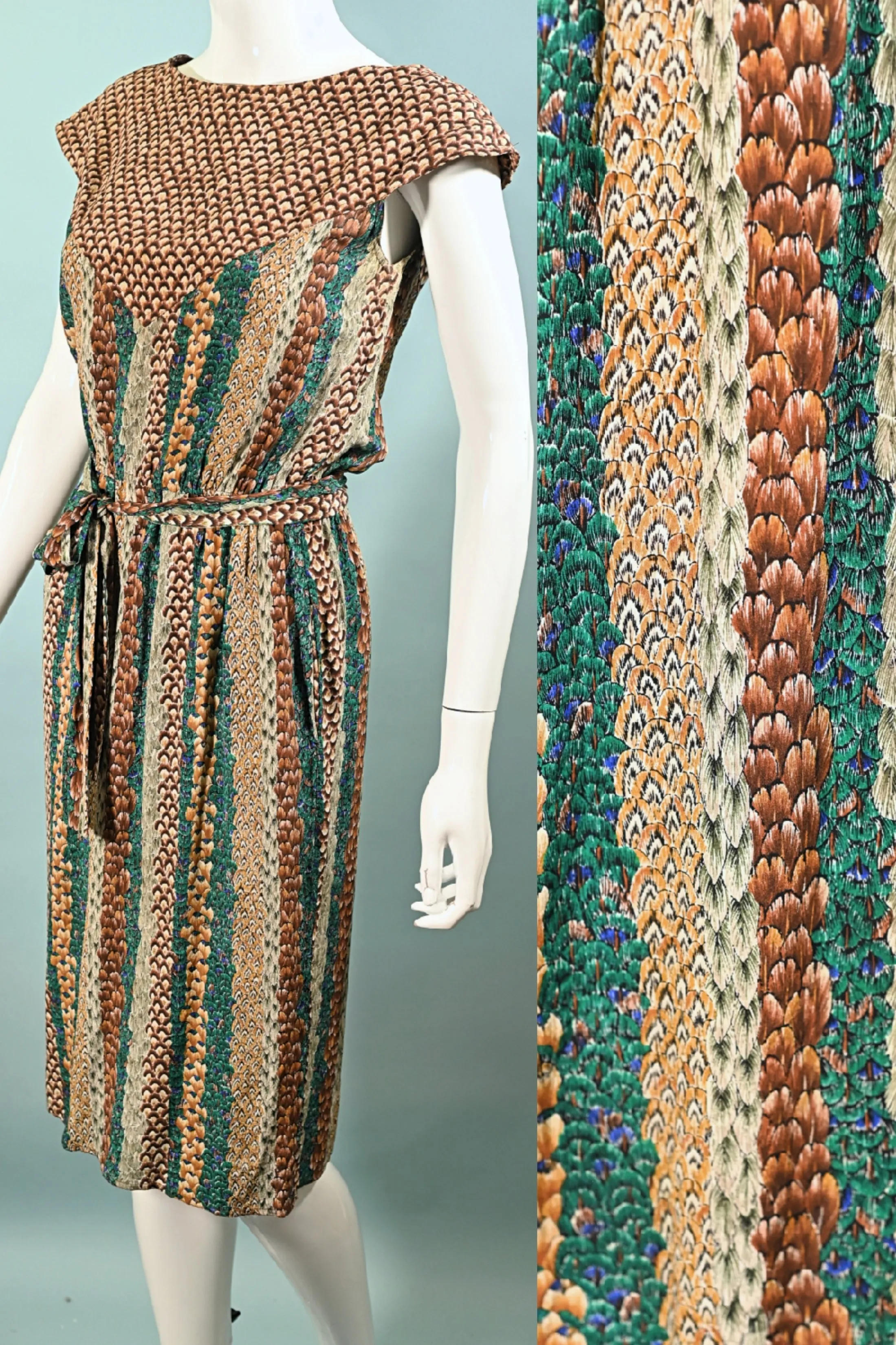 Argenti Vintage 70s Silk Dress, Feather Print Sheath Dress S