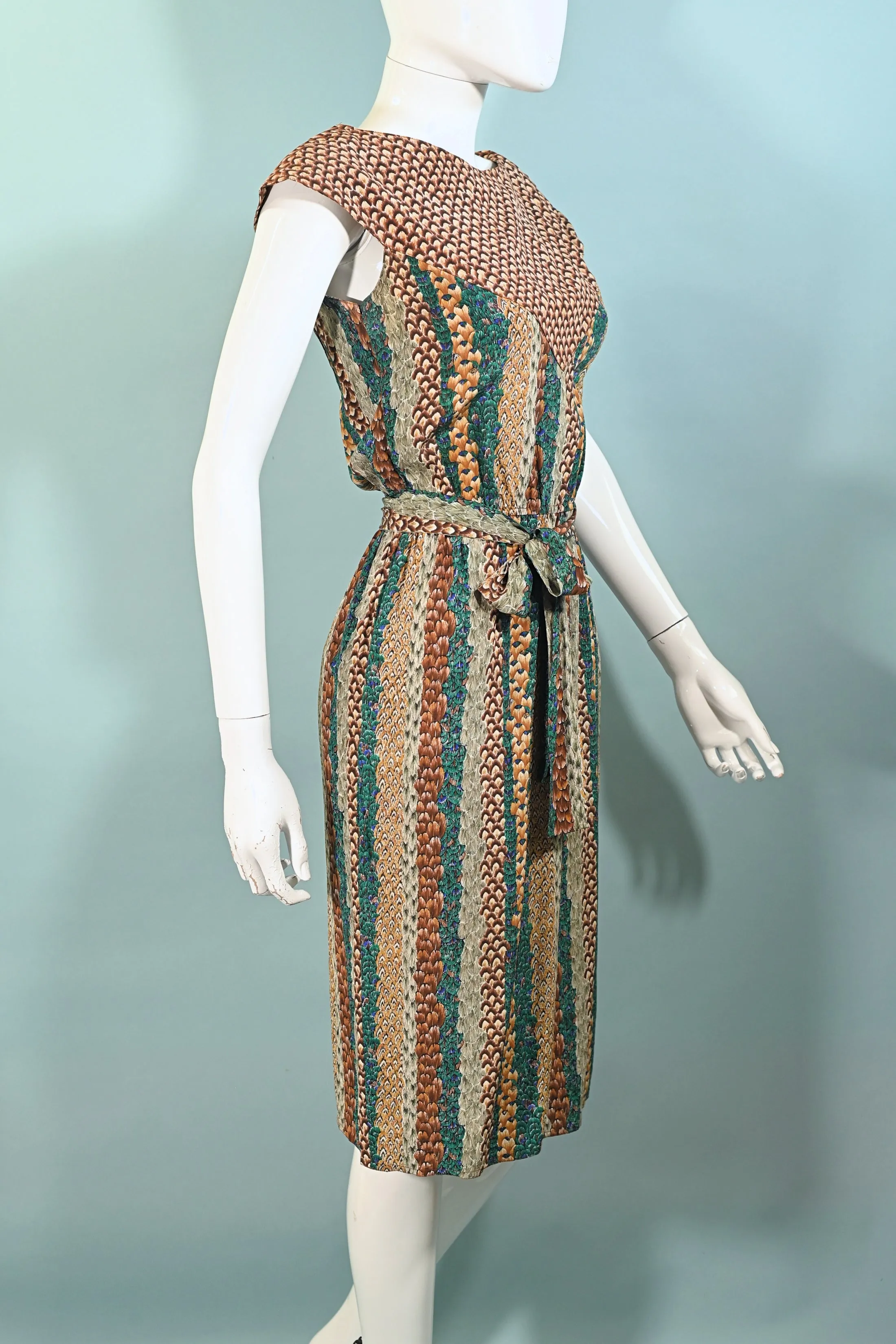 Argenti Vintage 70s Silk Dress, Feather Print Sheath Dress S