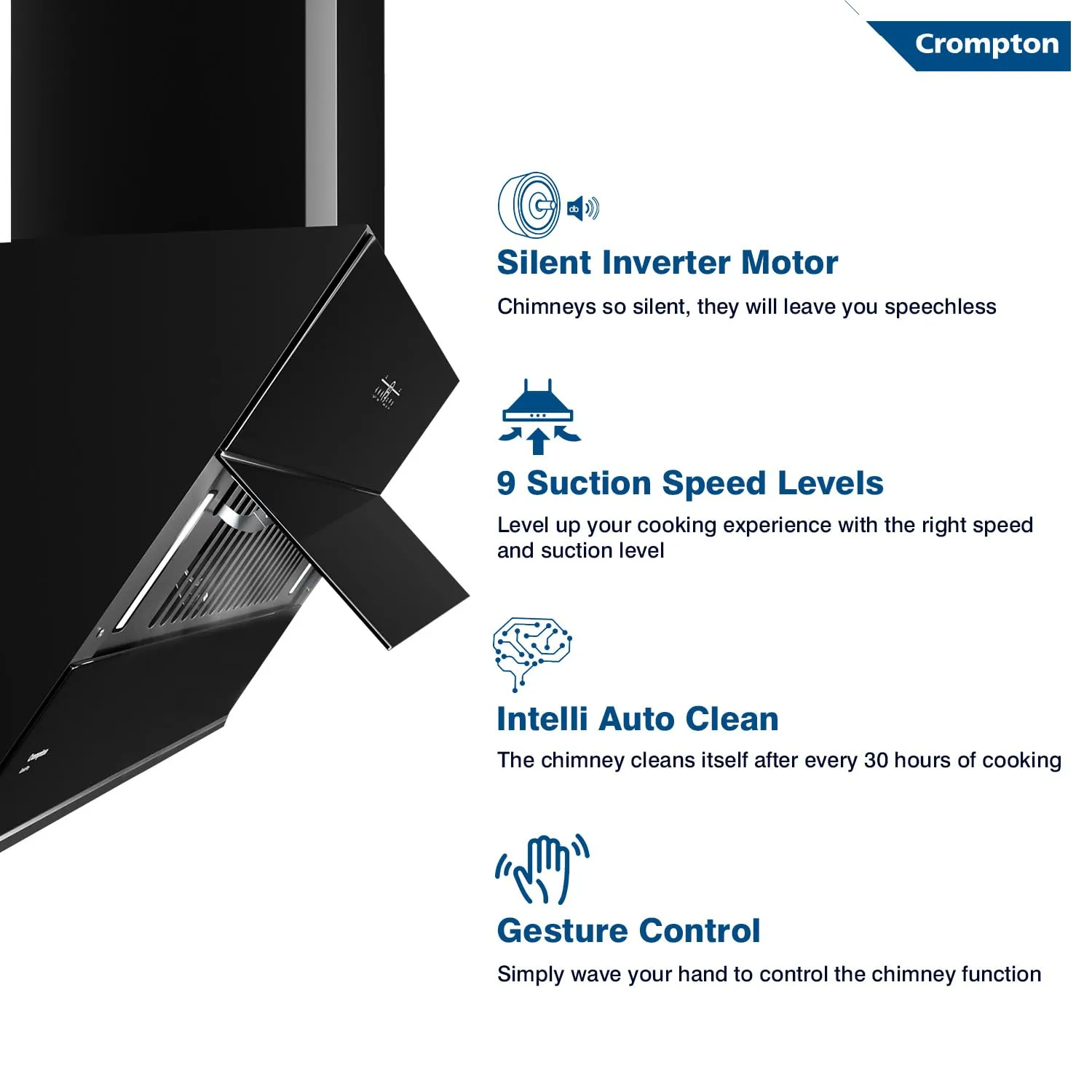 Crompton CHD-QPVI90FLE-MBL QuietPro Inverter Motor Inclined 90cm Filter less Auto Clean Wall Mounted Chimney Black 1710 CMH