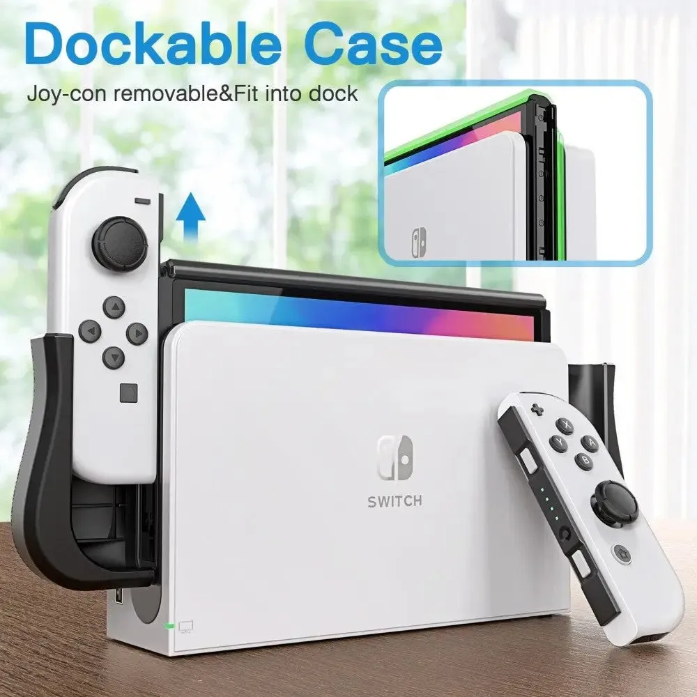 Dockable Case Compatible with Nintendo Switch Oled with Game Card Slots and 6 Pcs Thumb Grips