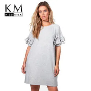 Kissmilk Women Plus Size Solid T-shirt Dress Crewneck Ruffle Short Sleeve Casual Big Size Short Party Dre